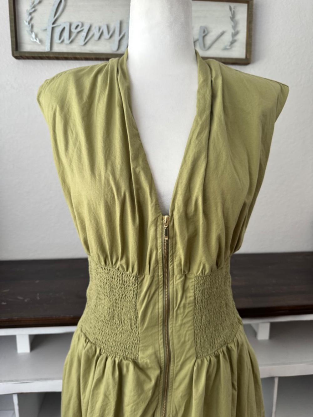 Anthropologie The Tommie Zip Front Smocked Midi Dress Green Size L EE - Picture 2 of 8